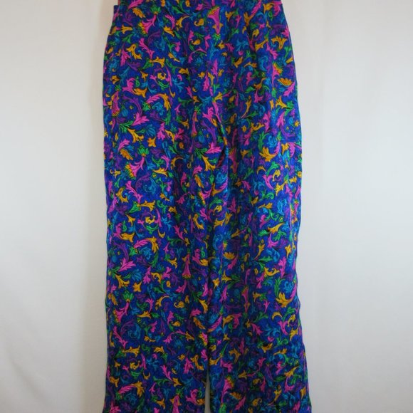 Vintage Flora Kung Blue Multicolor Floral High Waist Silk Pants - Picture 7 of 9